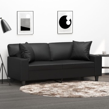 Sofá 2 Lugares + Almofadas Decoração 140 cm Couro Artif. Preto