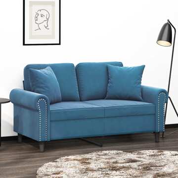 Sofá 2 Lugares C/ Almofadas Decorativas 120 cm Veludo Azul