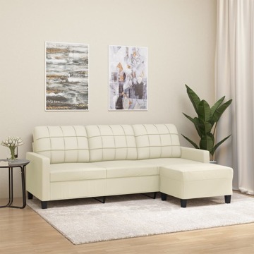 Sofá 3 Lugares C/ Apoio Pés 180 cm Couro Artificial Cor Creme