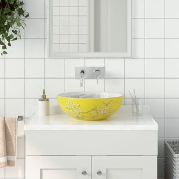 Lavatório de Bancada Redondo Φ41x14 cm Cerâmica Branco/amarelo