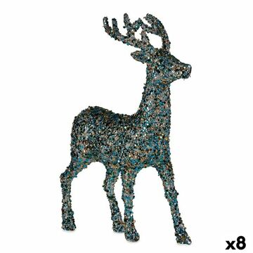 Figura Decorativa Rena de Natal Purpurina Azul Dourado Plástico 15 X 45 X 30 cm (8 Unidades)