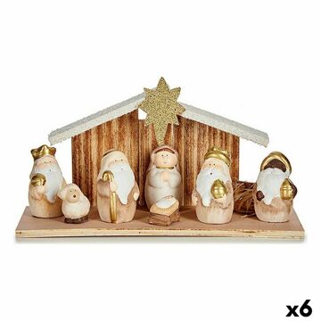 Presépio de Natal Branco Castanho Dourado Madeira Cerâmica 11 X 15,5 X 30 cm (6 Unidades)