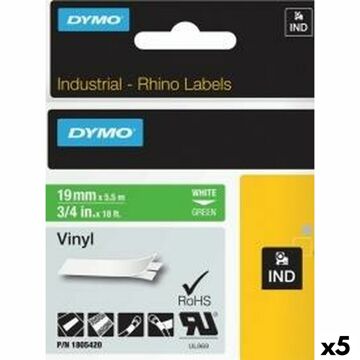 Cinta Laminada para Máquinas Rotuladoras Rhino Dymo ID1-19 19 X 5,5 mm Branco Verde Etiqueta Autoadesivas (5 Unidades)